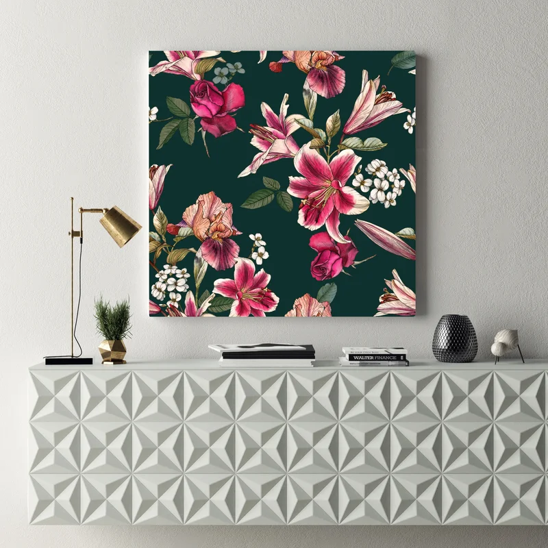 Leinwandbild vintage botanisches floralmuster auf tiefgrün Leinwandbild vintage botanisches floralmuster auf tiefgrün