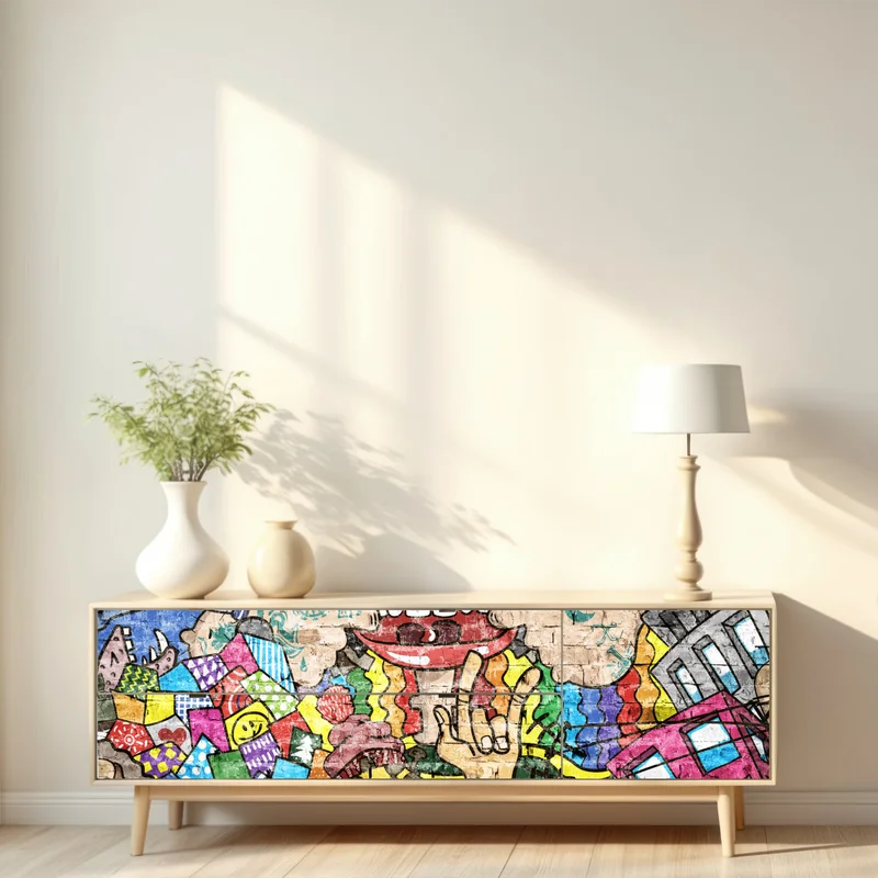 Repositionierbarer Aufkleber buntes graffiti-mural mit verspielter figur