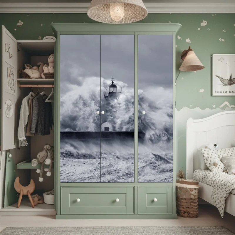 Schrankaufkleber leuchtturm von mächtigen wellen umgeben