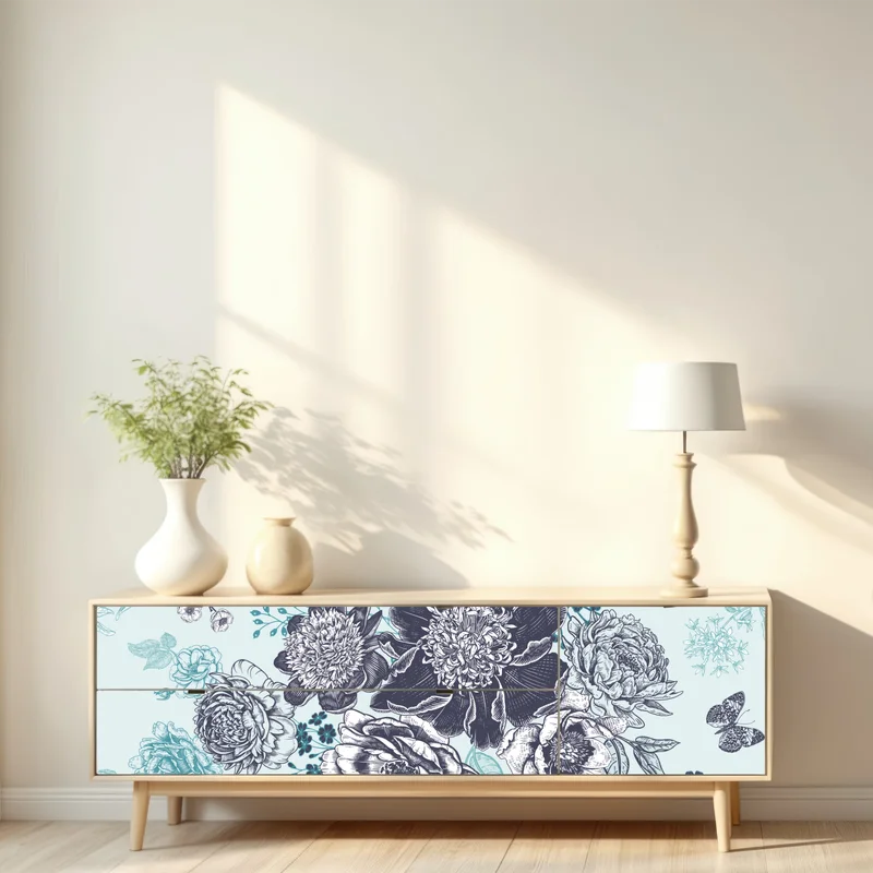 Repositionierbarer Aufkleber blumiges peonienmuster in türkis und marineblau