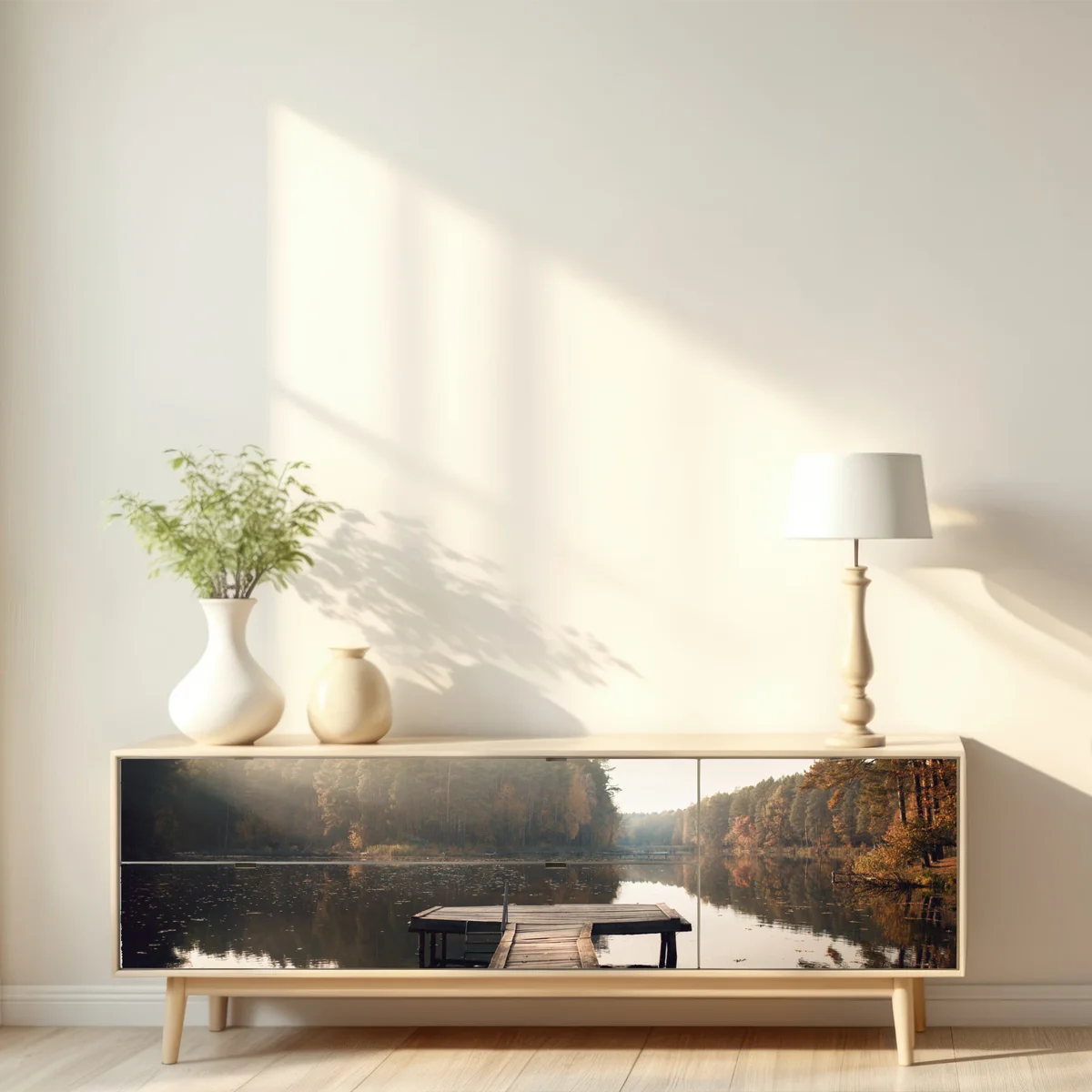 Repositionierbarer Aufkleber herbstmorgen am see mit hölzernem steg Repositionierbarer Aufkleber herbstmorgen am see mit hölzernem steg