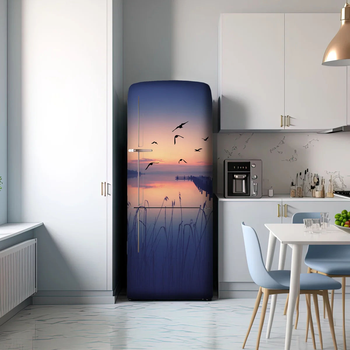 Kühlschrankaufkleber ruhiger sonnenaufgang am see mit vögeln Kühlschrankaufkleber ruhiger sonnenaufgang am see mit vögeln
