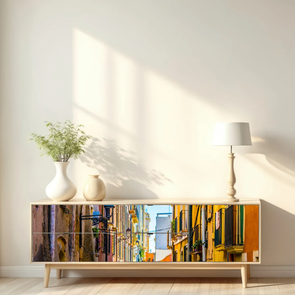 Repositionierbarer Aufkleber sonnenbeschienene mediterrane gasse mit bunten fassaden Repositionierbarer Aufkleber sonnenbeschienene mediterrane gasse mit bunten fassaden