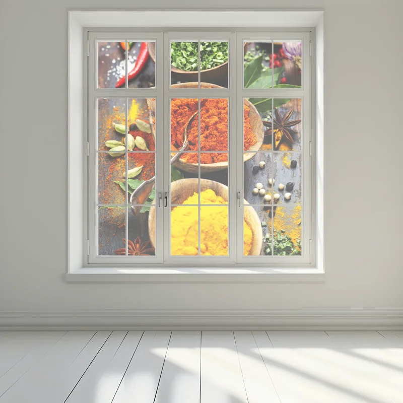 Naklejka na okno żywe przyprawy i zioła na drewnie Naklejka na okno żywe przyprawy i zioła na drewnie