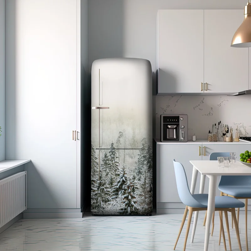 Kühlschrankaufkleber verschneiter wald im sanften nebel Kühlschrankaufkleber verschneiter wald im sanften nebel