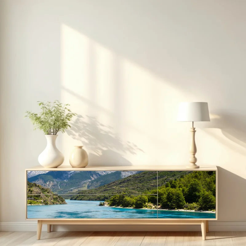 Repositionierbarer Aufkleber türkisfarbener bergsee mit schneebedeckten gipfeln