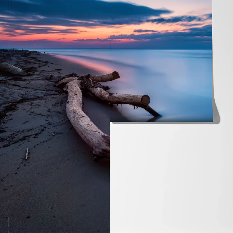 Fototapeta dryfujące drewno o zmierzchu na spokojnej plaży Fototapeta dryfujące drewno o zmierzchu na spokojnej plaży