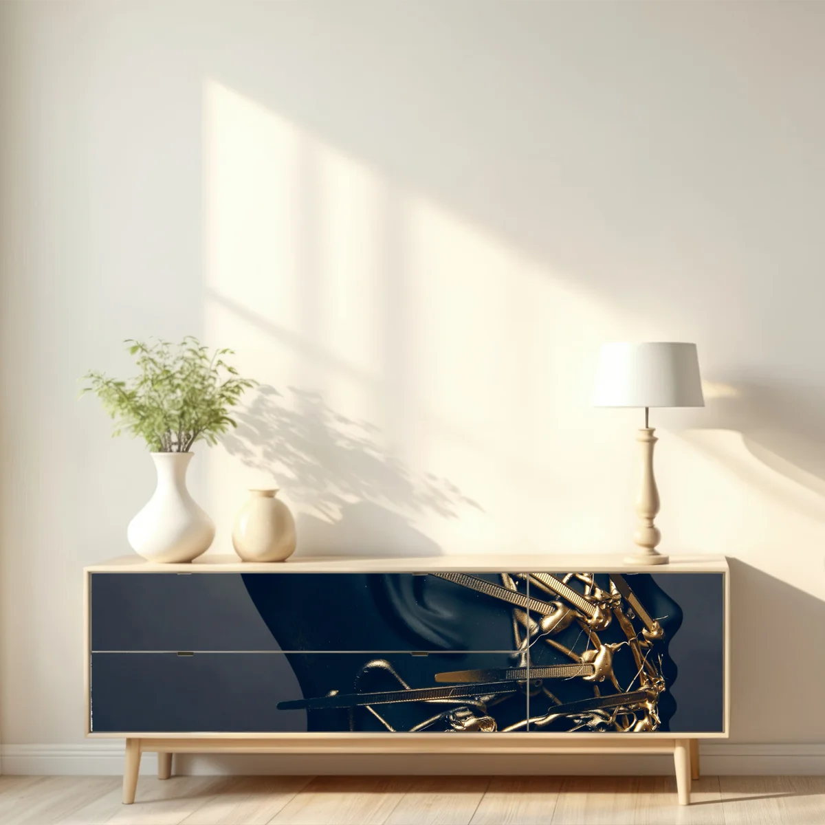 Repositionierbarer Aufkleber goldene drahtskulptur auf schwarzer büste Repositionierbarer Aufkleber goldene drahtskulptur auf schwarzer büste