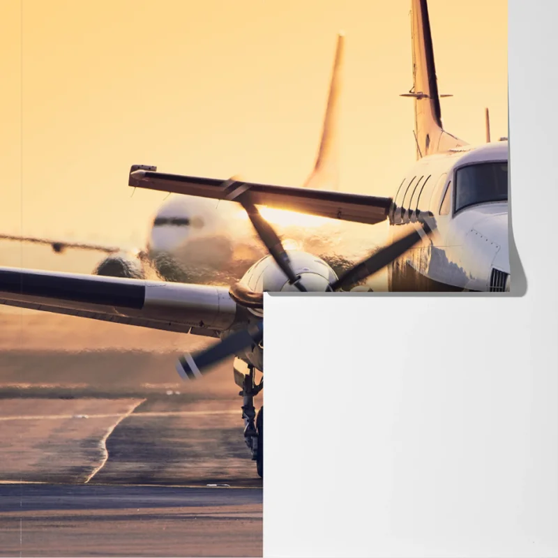 Fototapete zweimotoriges turboprop auf dem goldenen flugfeld Fototapete zweimotoriges turboprop auf dem goldenen flugfeld