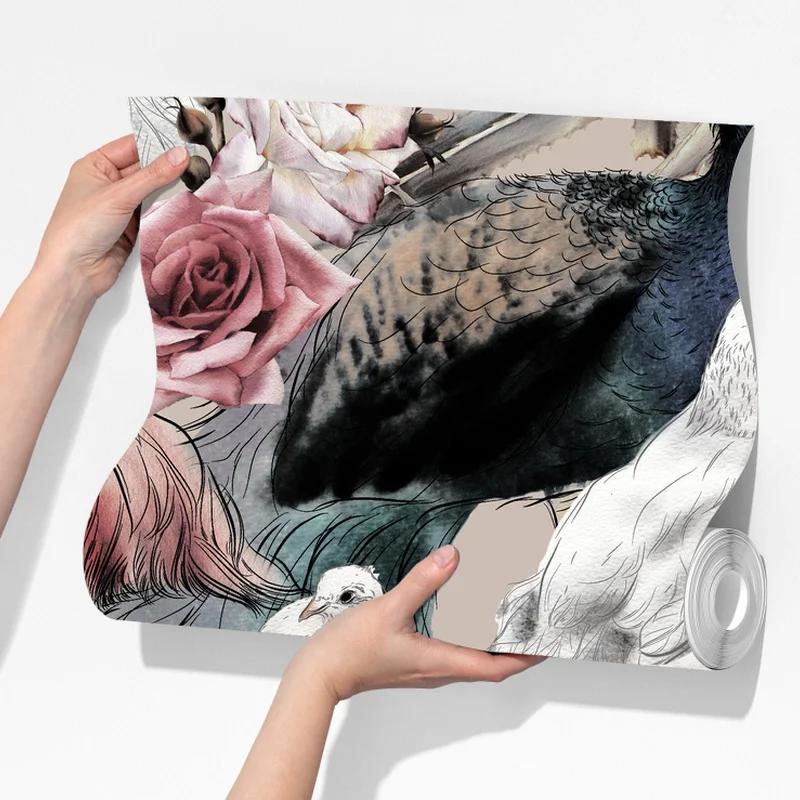 Fototapete aquarellmuster mit vögeln und rosen Fototapete aquarellmuster mit vögeln und rosen