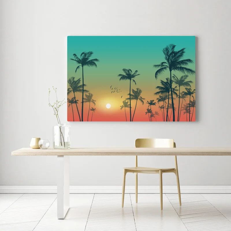 Leinwandbild tropischer sonnenuntergang mit palmensilhouetten Leinwandbild tropischer sonnenuntergang mit palmensilhouetten
