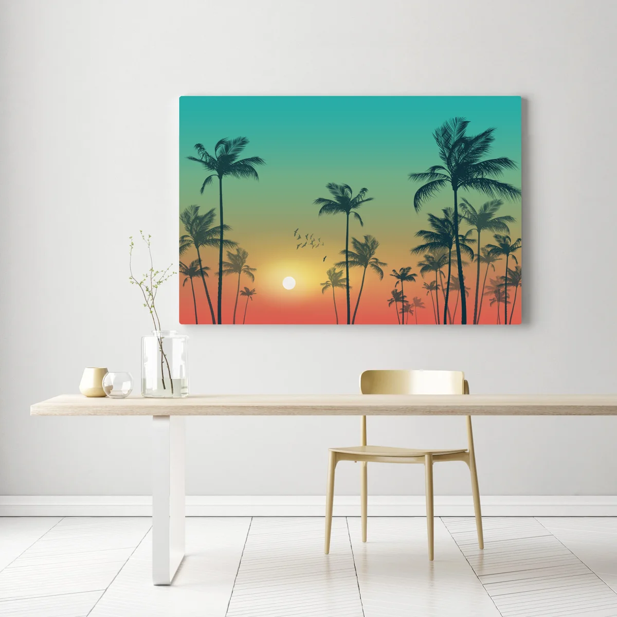 Leinwandbild tropischer sonnenuntergang mit palmensilhouetten Leinwandbild tropischer sonnenuntergang mit palmensilhouetten