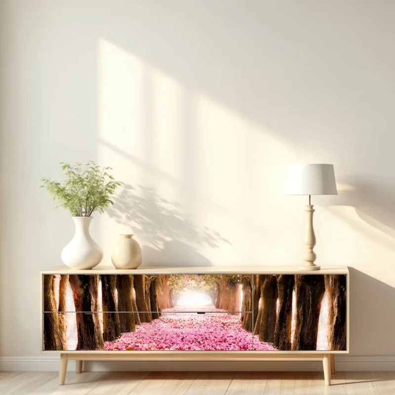 Repositionierbarer Aufkleber rosa blütenallee unter kirschbäumen Repositionierbarer Aufkleber rosa blütenallee unter kirschbäumen