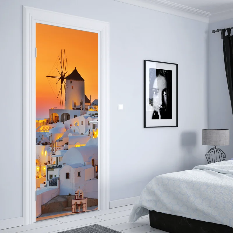 Türaufkleber goldener sonnenuntergang über Oia, Santorini