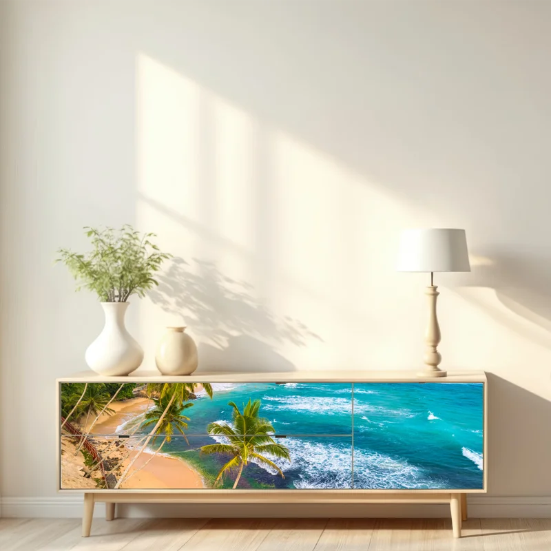 Repositionierbarer Aufkleber türkisfarbene tropische küste mit palmen