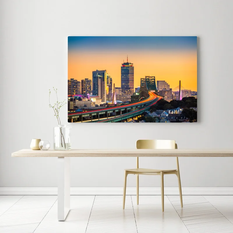 Leinwandbild panorama von Boston bei sonnenuntergang mit Zakim und Tobin brücken Leinwandbild panorama von Boston bei sonnenuntergang mit Zakim und Tobin brücken