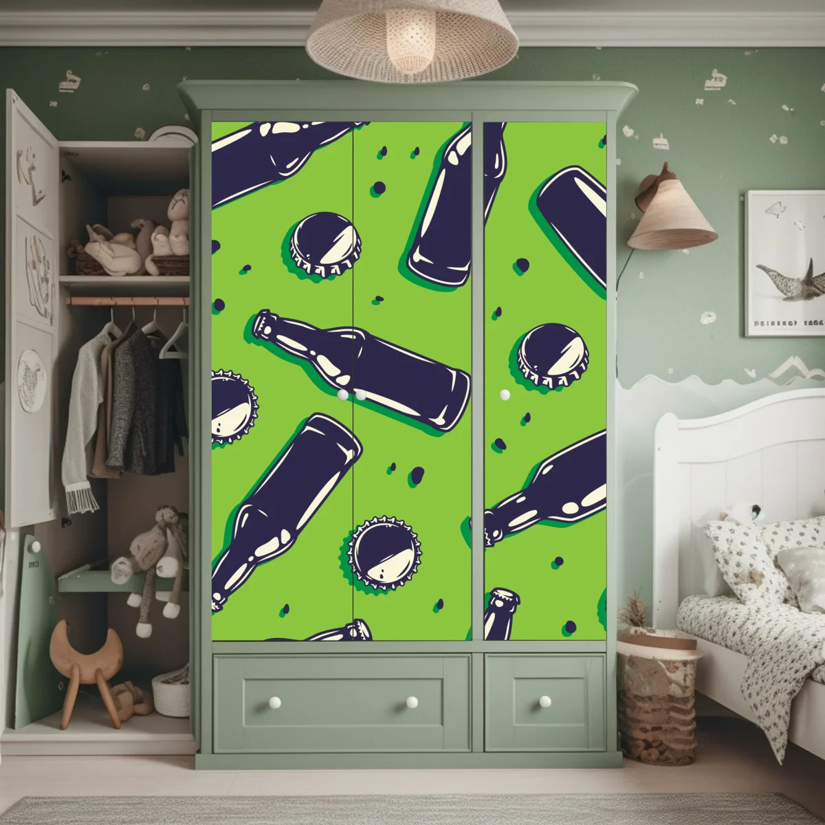 Schrankaufkleber grünes pop-art-muster mit bierflaschen und kronkorken Schrankaufkleber grünes pop-art-muster mit bierflaschen und kronkorken