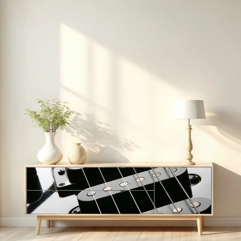 Repositionierbarer Aufkleber nahaufnahme einer schwarzen elektrogitarre Repositionierbarer Aufkleber nahaufnahme einer schwarzen elektrogitarre