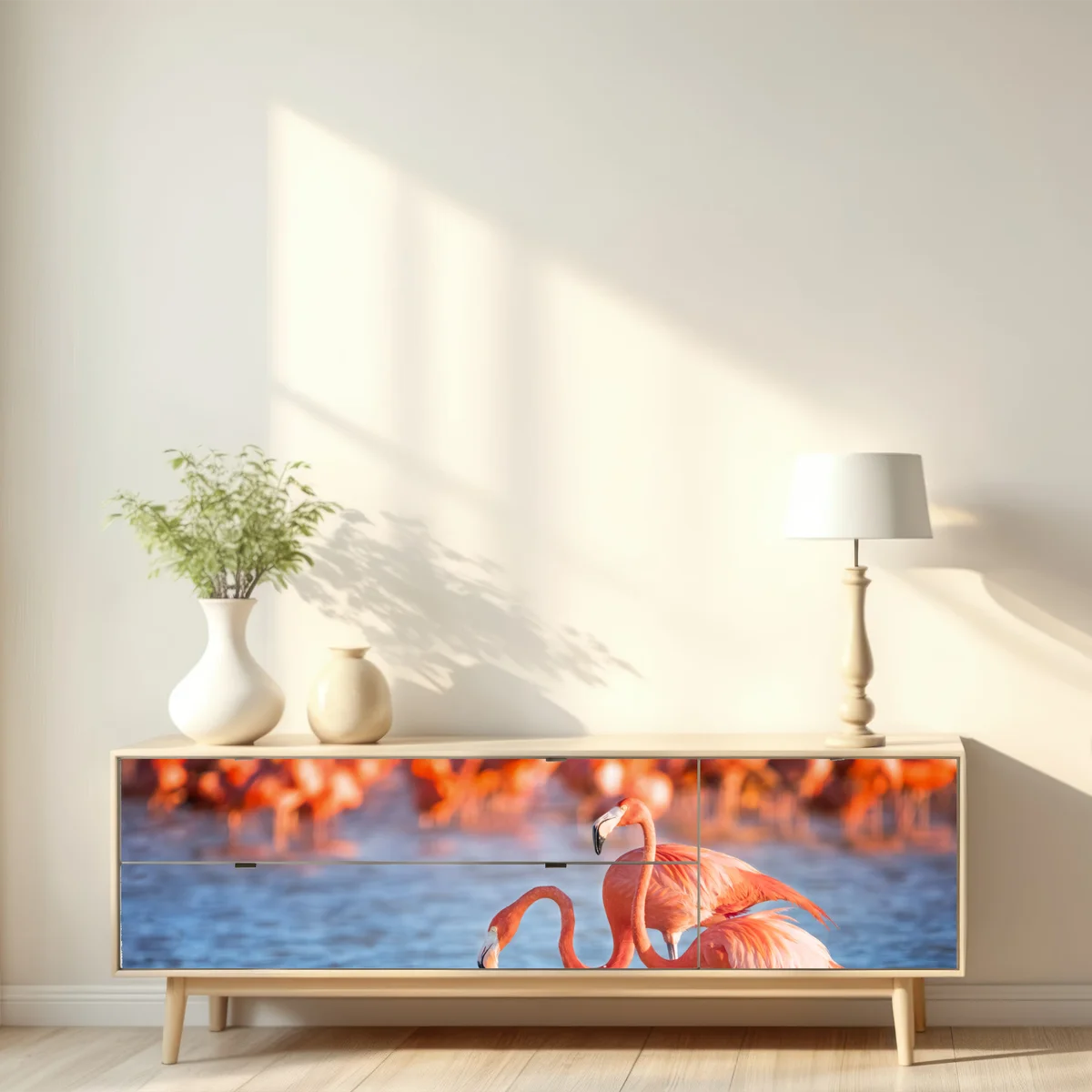 Repositionierbarer Aufkleber anmutige flamingos im flachen wasser Repositionierbarer Aufkleber anmutige flamingos im flachen wasser