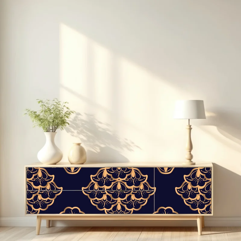 Repositionierbarer Aufkleber goldenes damastmuster auf marineblauem hintergrund