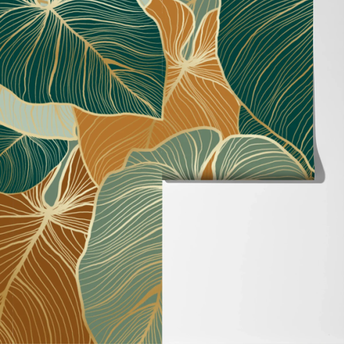 Fototapete türkis-goldenes botanisches blättermuster Fototapete türkis-goldenes botanisches blättermuster