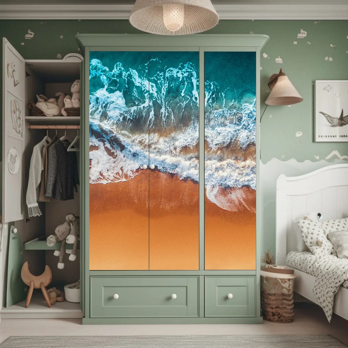 Schrankaufkleber luftaufnahme türkisfarbener wellen an einem sandstrand Schrankaufkleber luftaufnahme türkisfarbener wellen an einem sandstrand