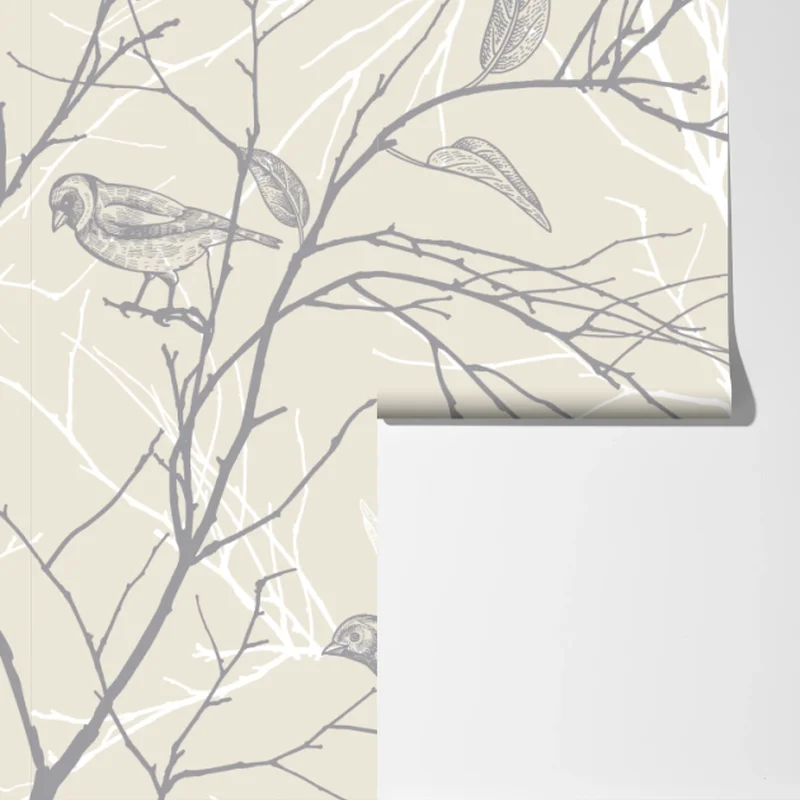 Fototapete zartes beiges muster mit vögeln und ästen Fototapete zartes beiges muster mit vögeln und ästen