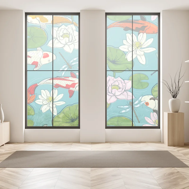 Fensteraufkleber ruhiger koi-teich mit lotuspflanzen