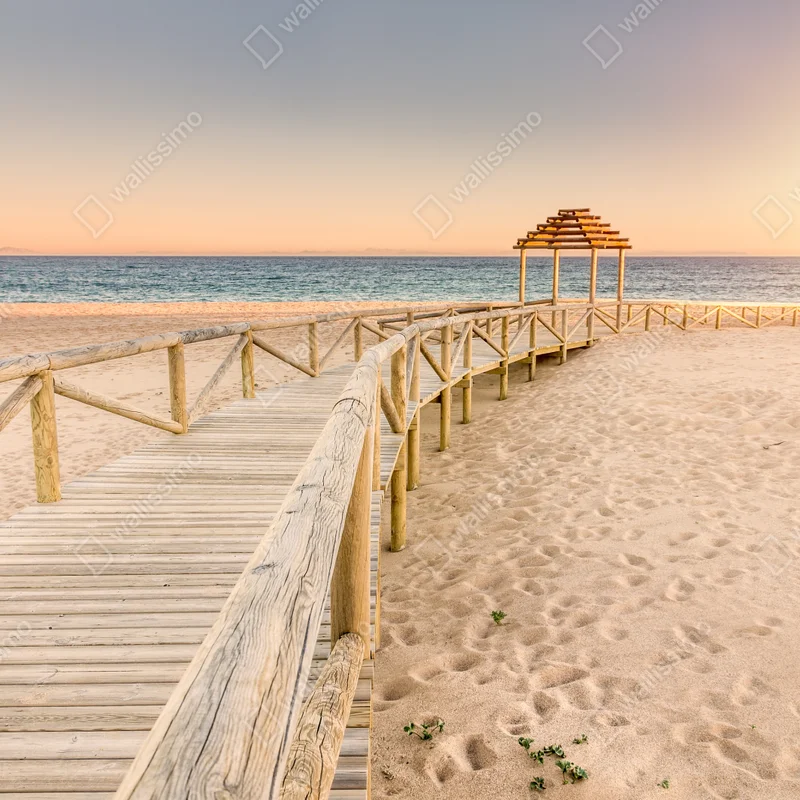 Leinwandbild hölzerner steg zum strand von Trafalgar bei sonnenuntergang Leinwandbild hölzerner steg zum strand von Trafalgar bei sonnenuntergang