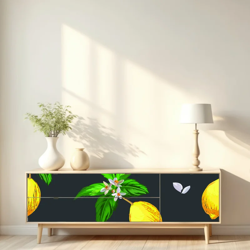 Repositionierbarer Aufkleber leuchtendes zitronenmuster mit grünen blättern