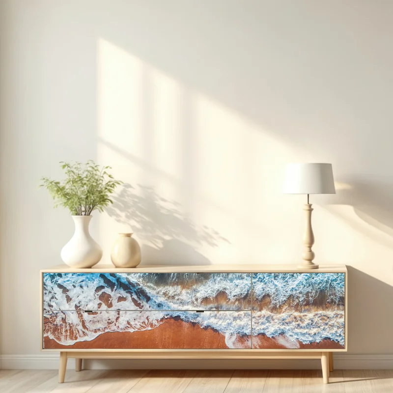 Repositionierbarer Aufkleber luftaufnahme türkisfarbener wellen an einem sandstrand Repositionierbarer Aufkleber luftaufnahme türkisfarbener wellen an einem sandstrand