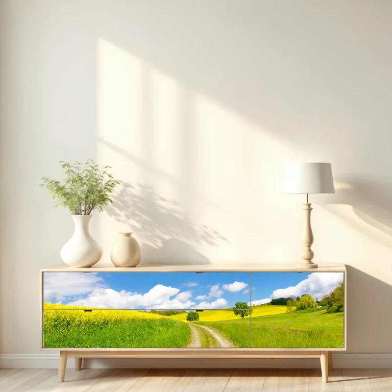 Repositionierbarer Aufkleber sonniger landeweg durch gelbe felder Repositionierbarer Aufkleber sonniger landeweg durch gelbe felder