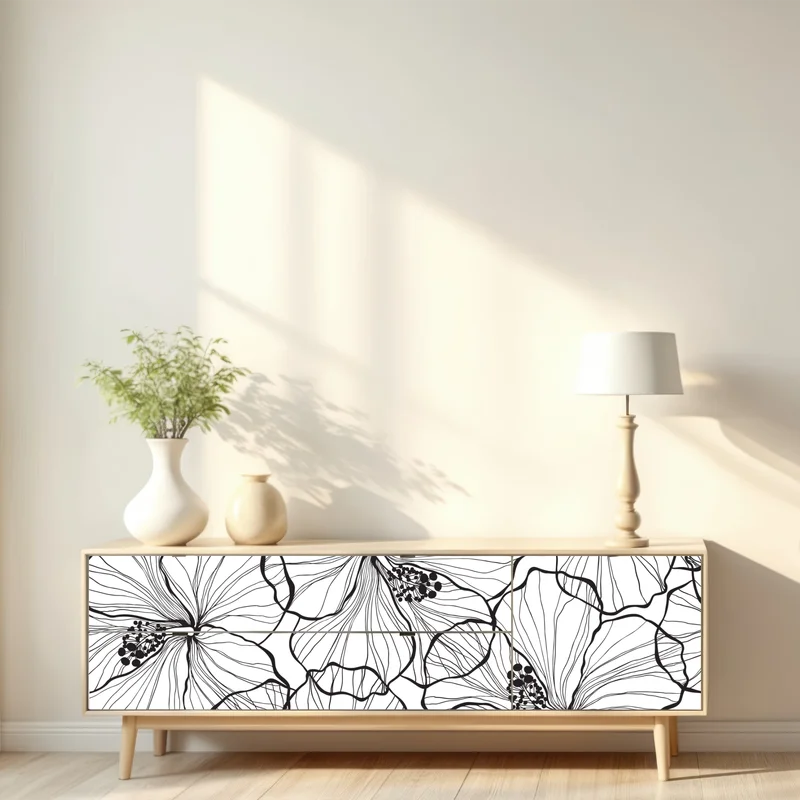 Repositionierbarer Aufkleber schwarzweißes hibiskus line art muster