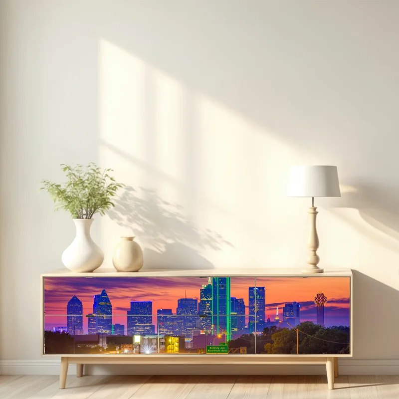 Repositionierbarer Aufkleber panorama von Dallas bei sonnenuntergang mit lichtspuren auf der autobahn