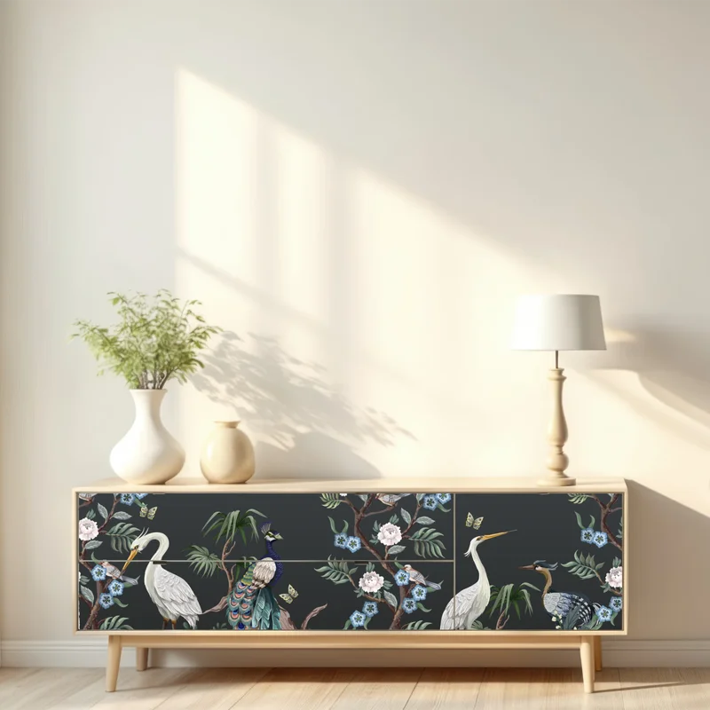 Repositionierbarer Aufkleber pfau und reiher im blumenmuster