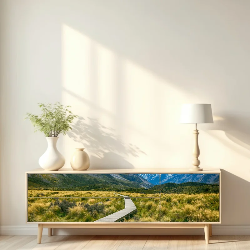 Repositionierbarer Aufkleber holzsteg durch wiesen zu schneebedeckten gipfeln