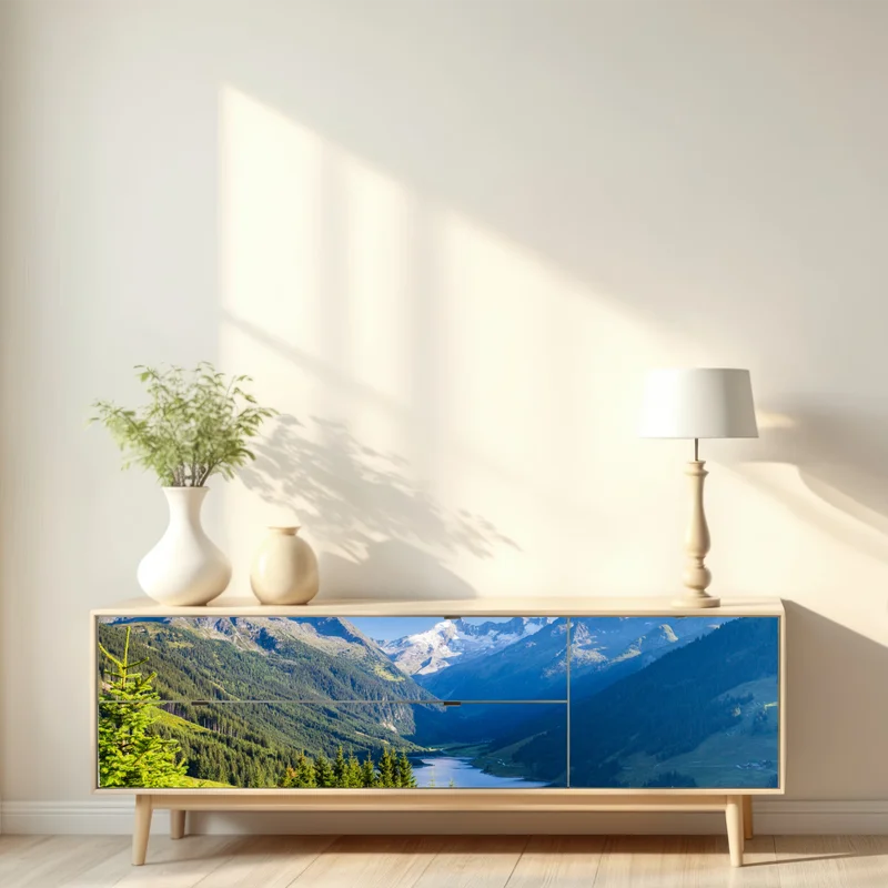 Repositionierbarer Aufkleber ruhiges tal mit alpensee Repositionierbarer Aufkleber ruhiges tal mit alpensee