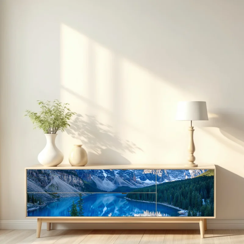 Repositionierbarer Aufkleber ruhiger bergsee mit spiegelung