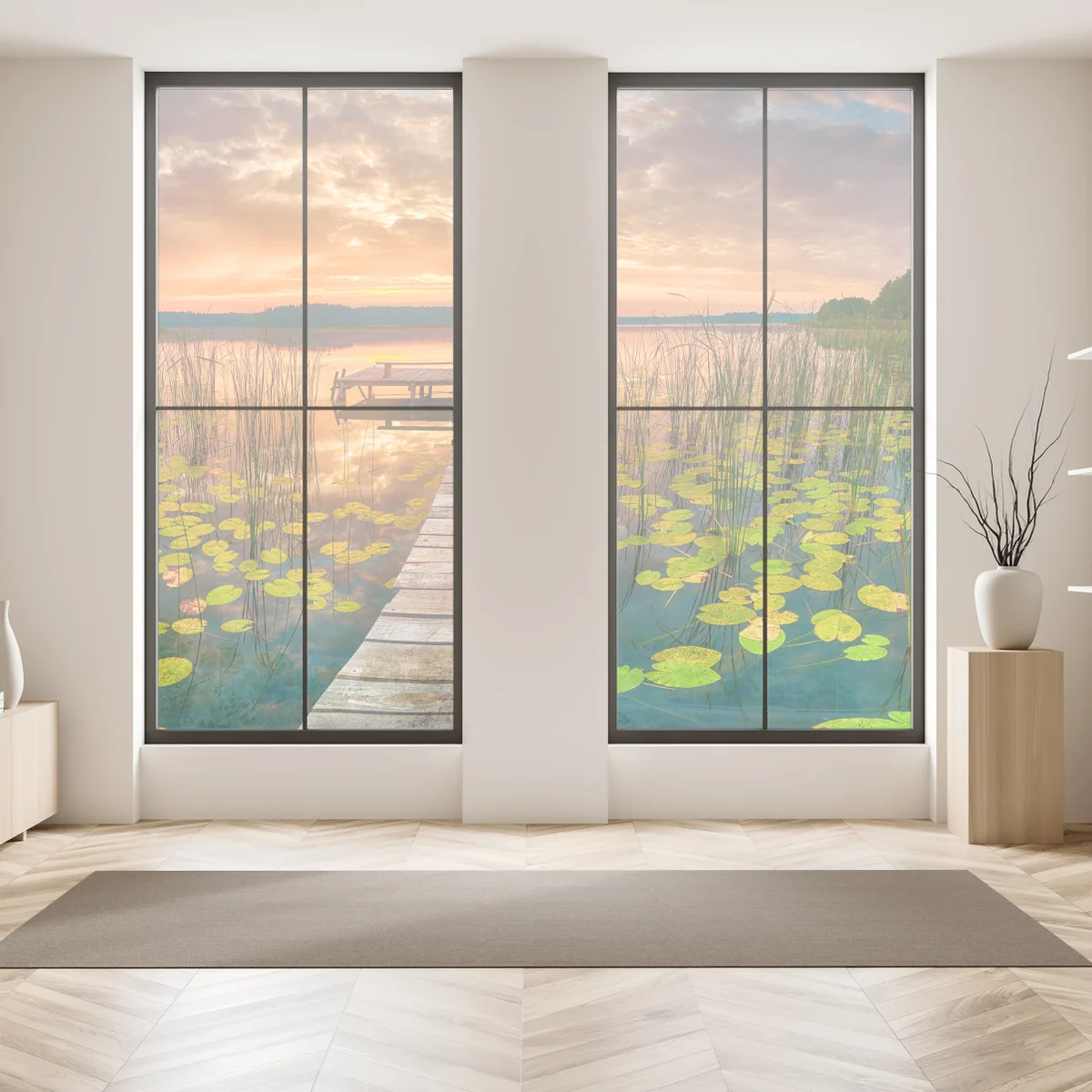 Fensteraufkleber sonnenaufgang über stillem see mit hölzernem steg Fensteraufkleber sonnenaufgang über stillem see mit hölzernem steg