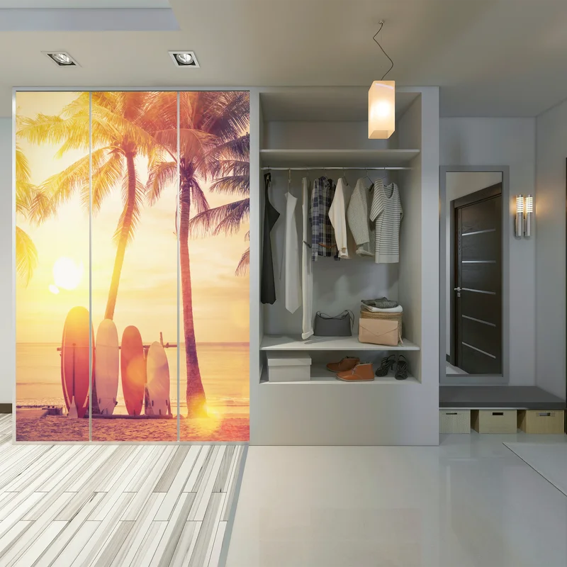 Schrankaufkleber tropischer sonnenuntergang mit surfboards