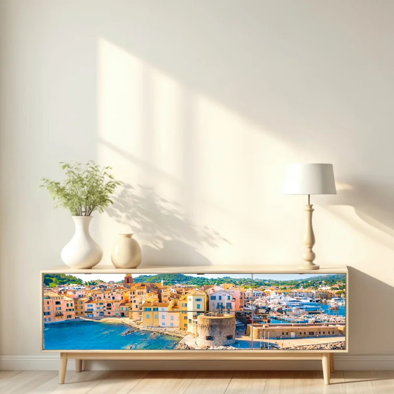 Repositionierbarer Aufkleber sonniger Mittelmeerhafen