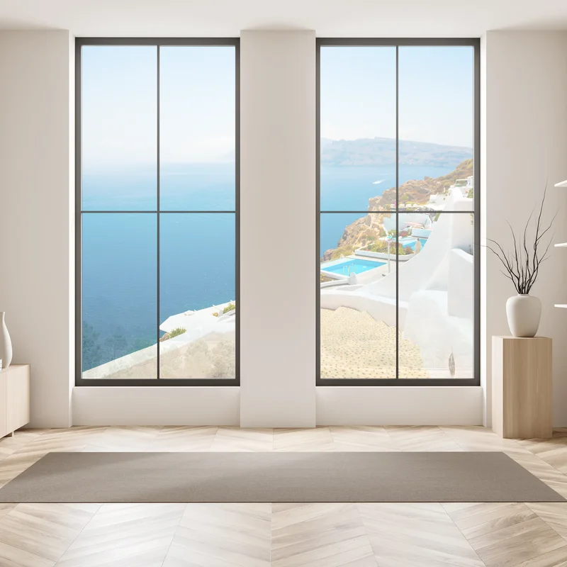 Naklejka na okno Santorini widok na wybrzeże z białą architekturą