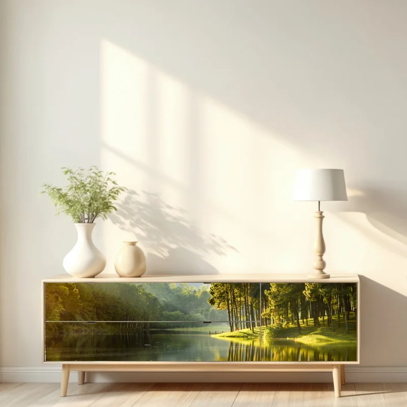 Repositionierbarer Aufkleber ruhiger kiefernwald am stillen see