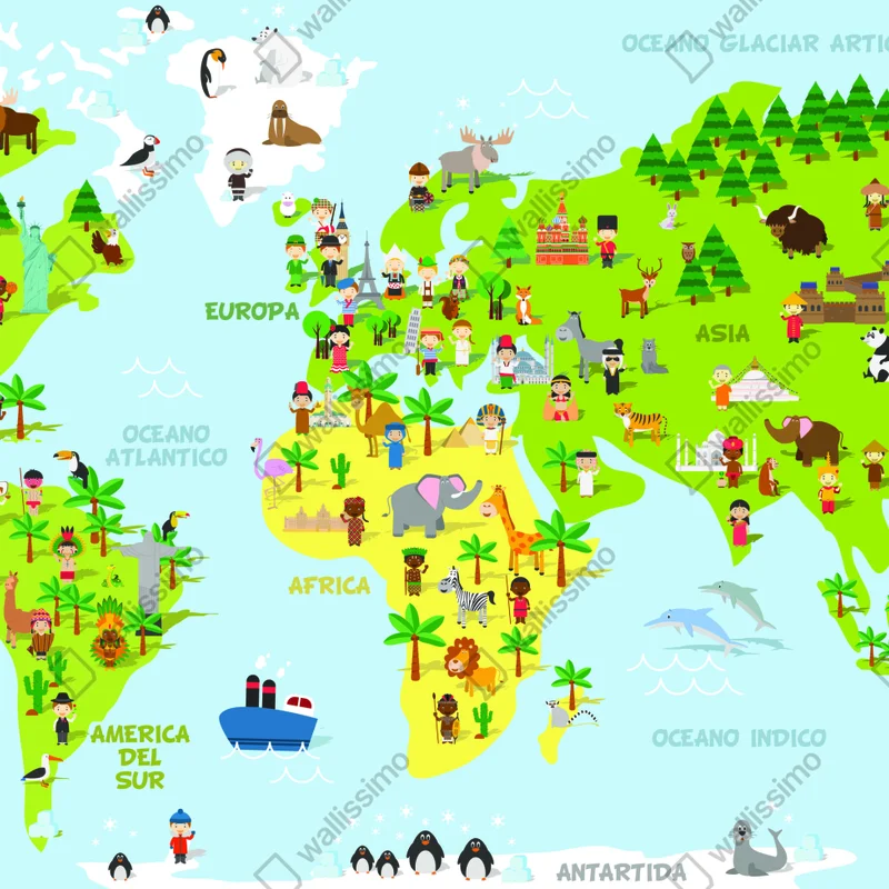 Fototapeta kolorowa ilustrowana mapa świata dla dzieci Fototapeta kolorowa ilustrowana mapa świata dla dzieci