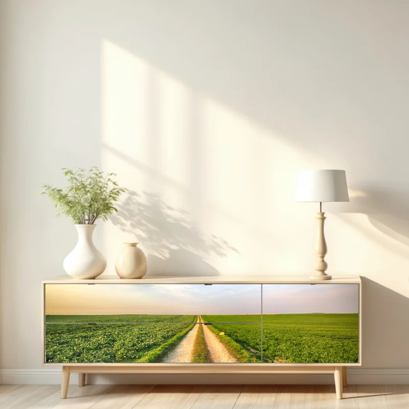 Repositionierbarer Aufkleber feldweg durch grüne felder