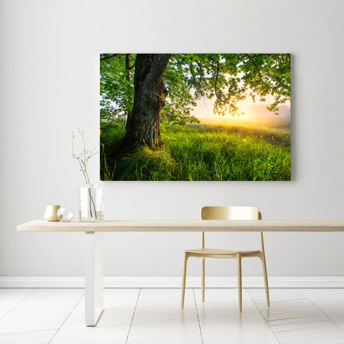 Leinwandbild morgendliche eiche auf sonnenbeschienener wiese Leinwandbild morgendliche eiche auf sonnenbeschienener wiese