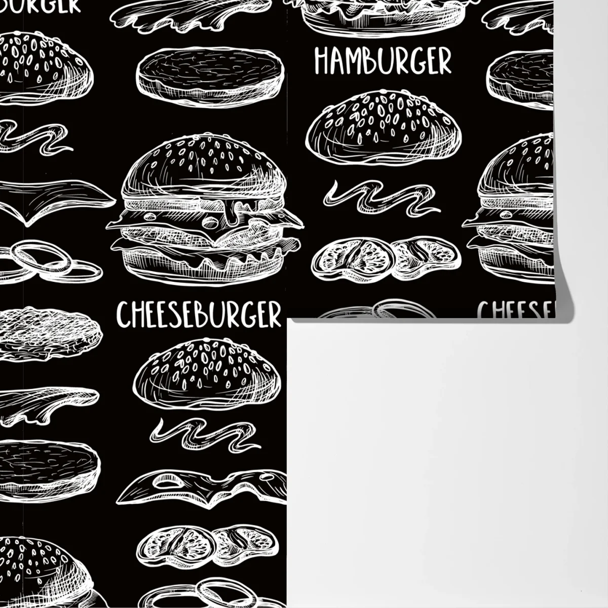 Fototapete handgezeichnetes burger-muster auf schwarzem hintergrund Fototapete handgezeichnetes burger-muster auf schwarzem hintergrund