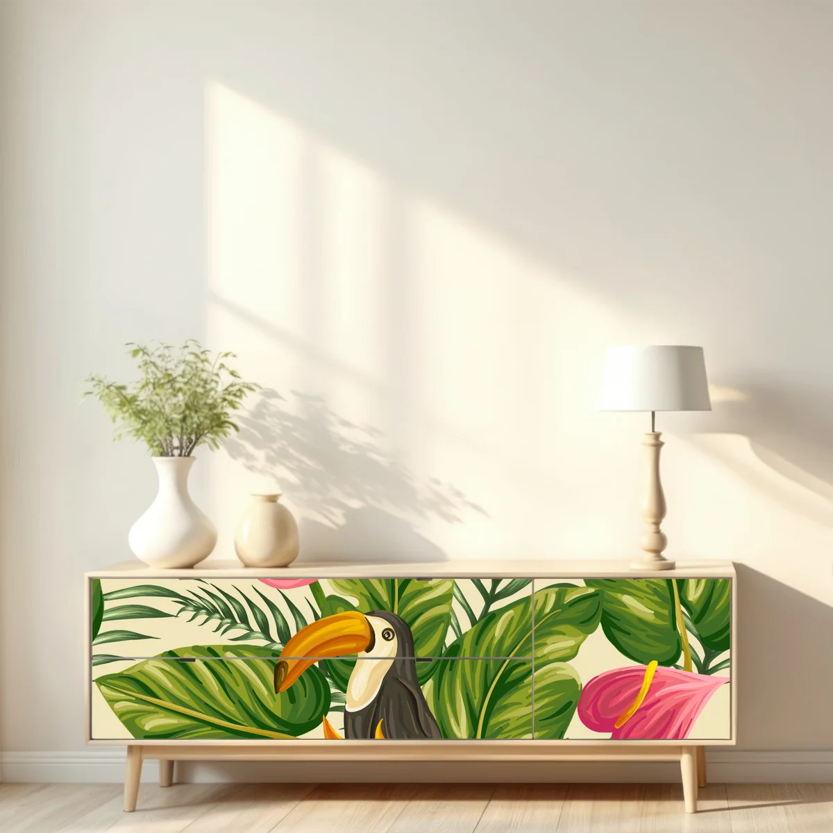 Repositionierbarer Aufkleber tropisches botanisches muster mit tukan Repositionierbarer Aufkleber tropisches botanisches muster mit tukan