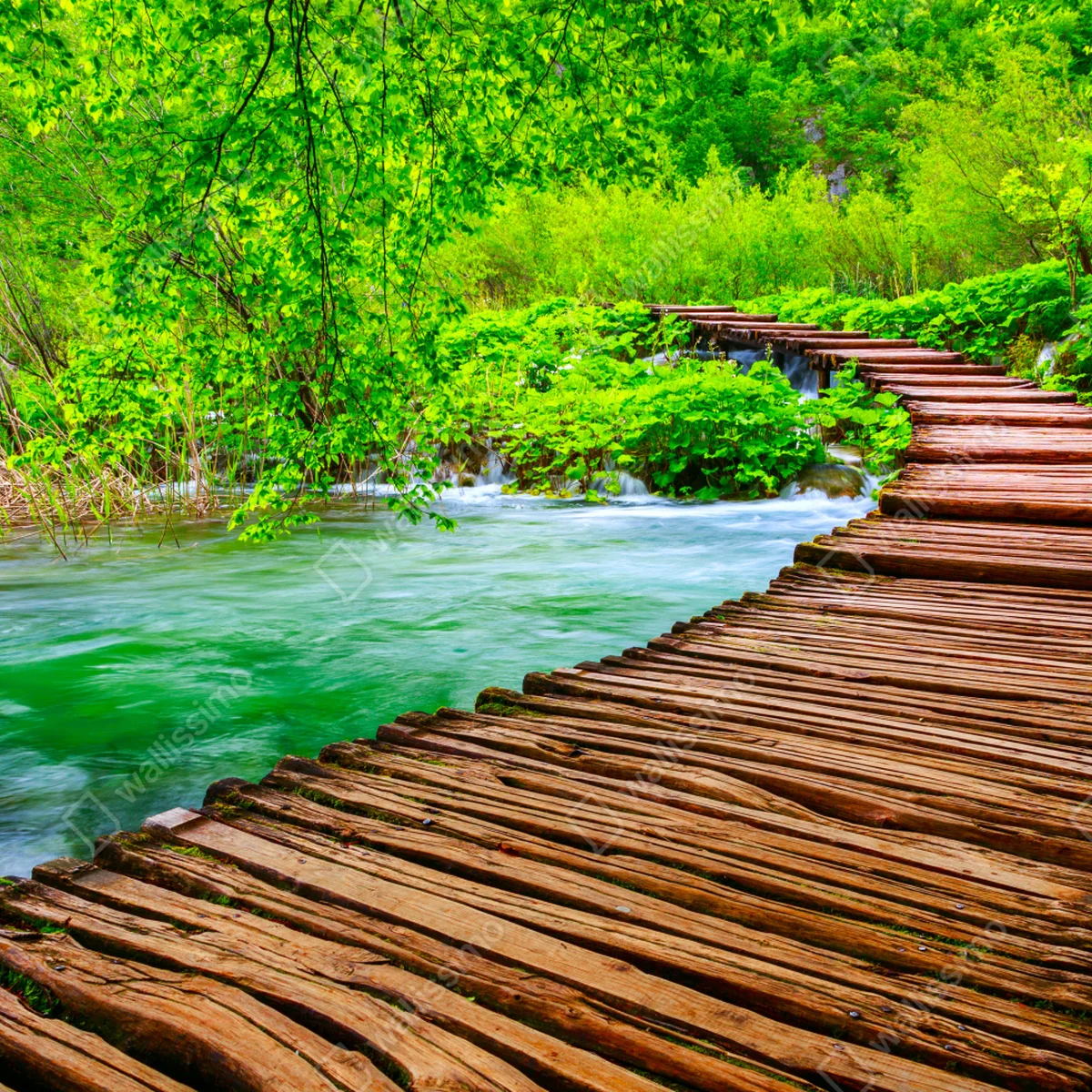 Tischaufkleber und Schreibtischaufkleber ruhiger grüner steg über dem fluss Tischaufkleber und Schreibtischaufkleber ruhiger grüner steg über dem fluss