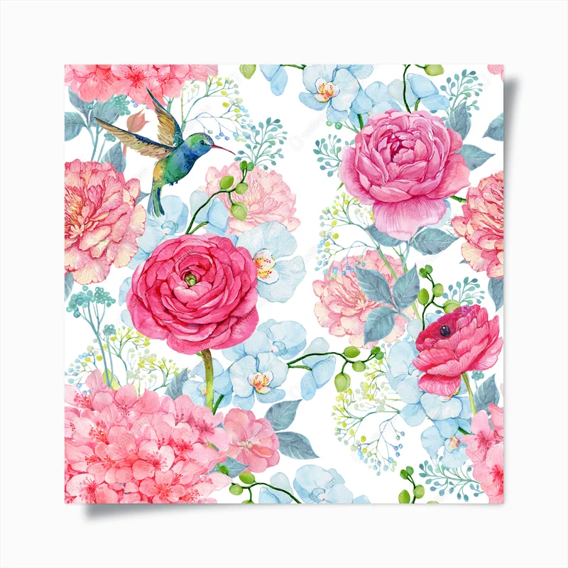 Poster rosa aquarell blumengarten mit kolibri • Poster bei Wallnifity® Poster rosa aquarell blumengarten mit kolibri • Poster bei Wallnifity®